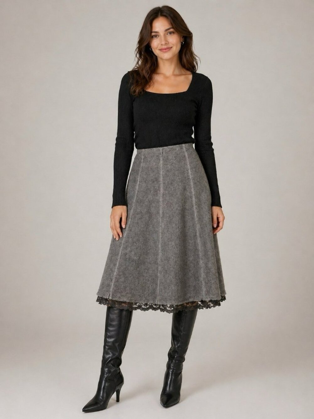 Soft Surroundings Gray Knit Flare Skirt Lace Hem Midi Size Petite XS Lined